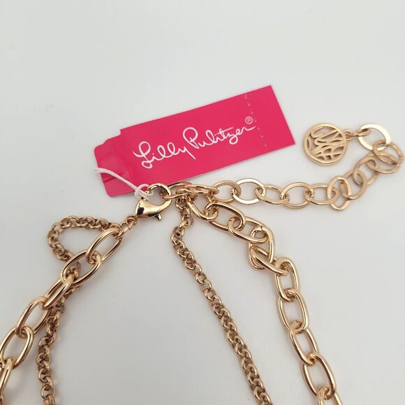 Lilly Pulitzer Pink Flower Petal Statement Necklace Layered Gold Tone Chain - Picture 3 of 6